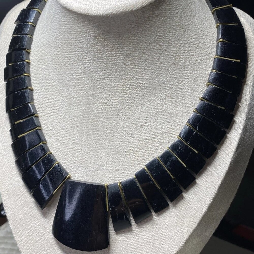 Vintage Black Buffalo Horn & Brass Geometric Statement Necklace 18” Tribal Boho